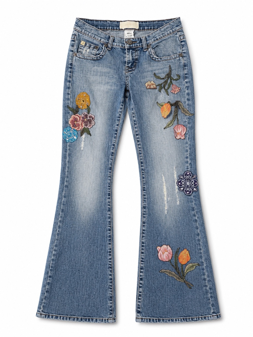 Z Cavaricci Embroidered Floral Flare Jeans Women’s Size 3 Y2K Distressed Denim